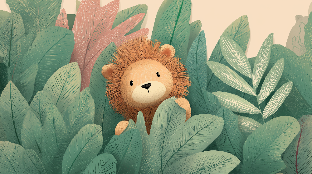 Kids-Mundo flat artwork of a lion cub peeking through jungle leaves in soft pink and green tones.
