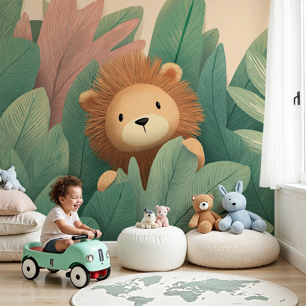 Kids-Mundo lion cub jungle wall mural made to measure for a soft, calming nursery feature wall.