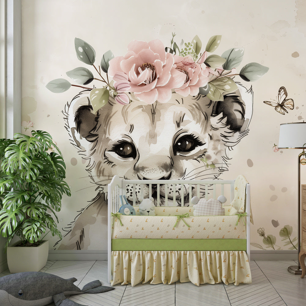 Butterfly and lion nursery wallpaper creating calm atmosphere in baby's room decor