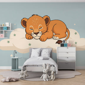 Lion cub cloud wallpaper creating peaceful atmosphere in children's bedroom