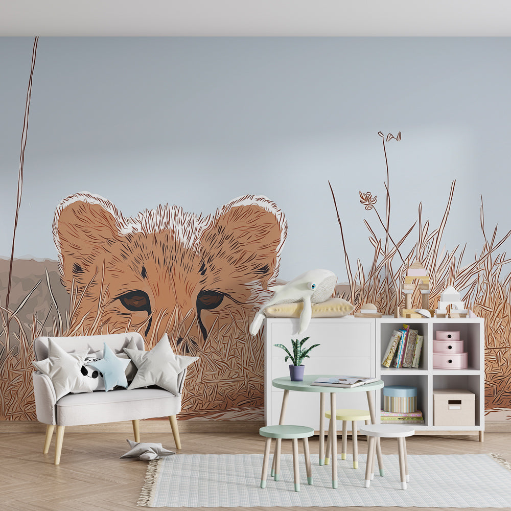 Curious lion cub safari wallpaper in modern children's bedroom with natural lighting