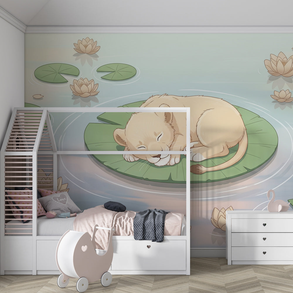 Serene lion cub wallpaper creating calming children's bedroom atmosphere with lotus flowers
