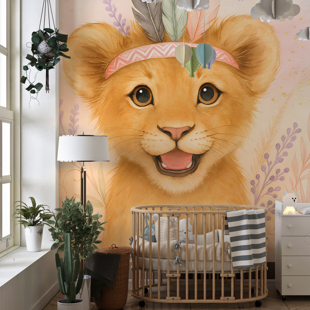 Floral lion cub wallpaper transforming children's bedroom with gentle safari theme and botanical elements