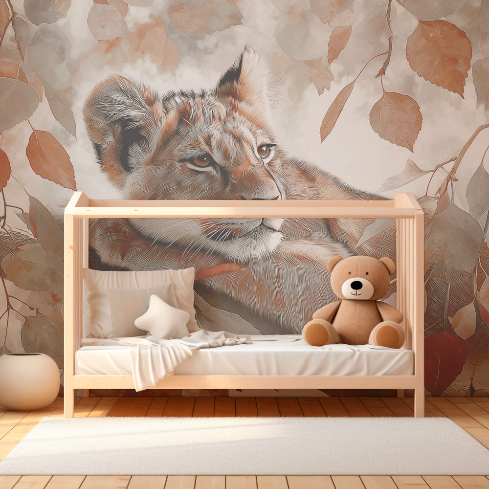 Safari lion cub wallpaper in modern kids bedroom with natural wood furniture and soft lighting