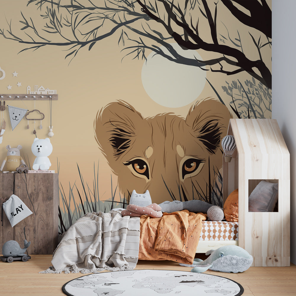 Safari themed lion cub mural wallpaper transforming children's bedroom into African adventure