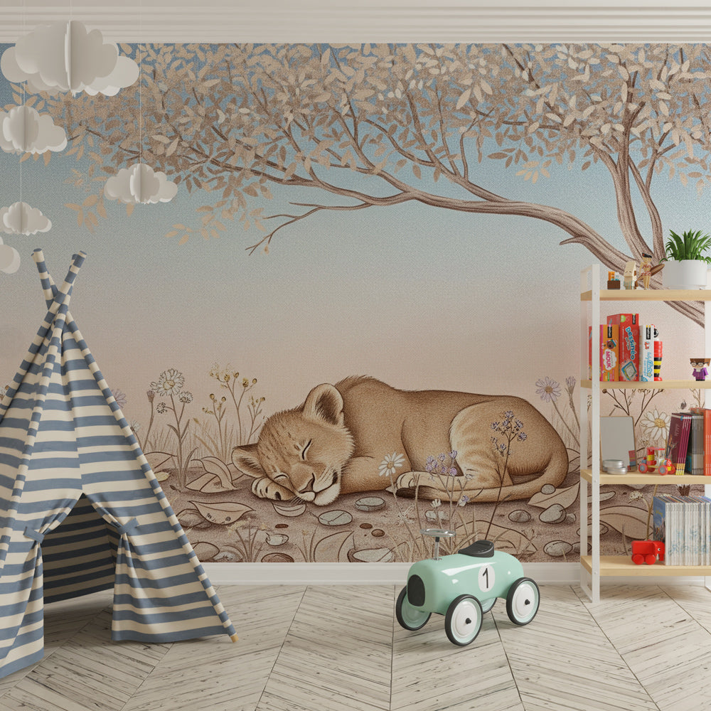 Safari lion cub wallpaper with pastoral scene decorating children's bedroom with natural wood furniture