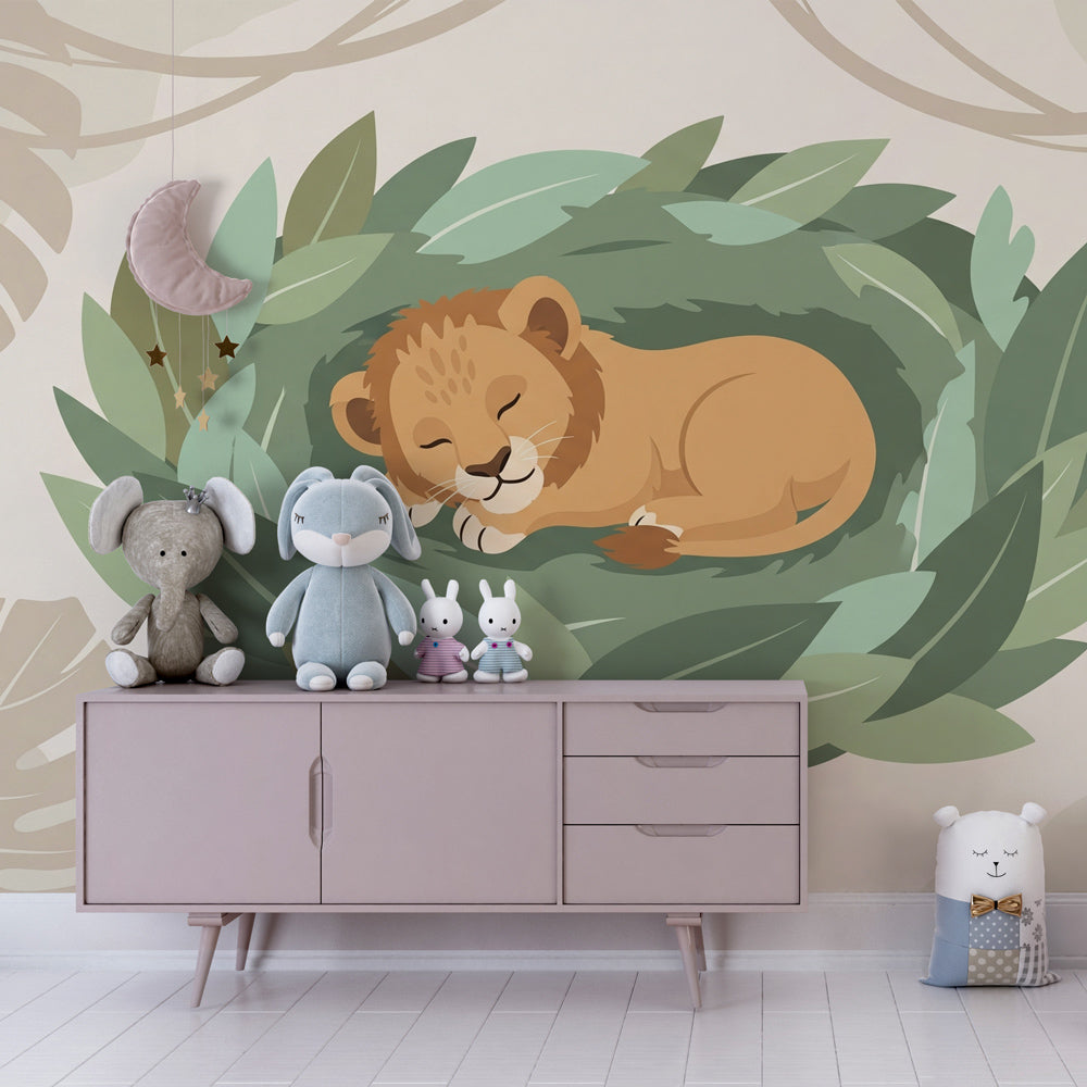 Safari lion cub wallpaper in children's bedroom with natural wood furniture and soft lighting