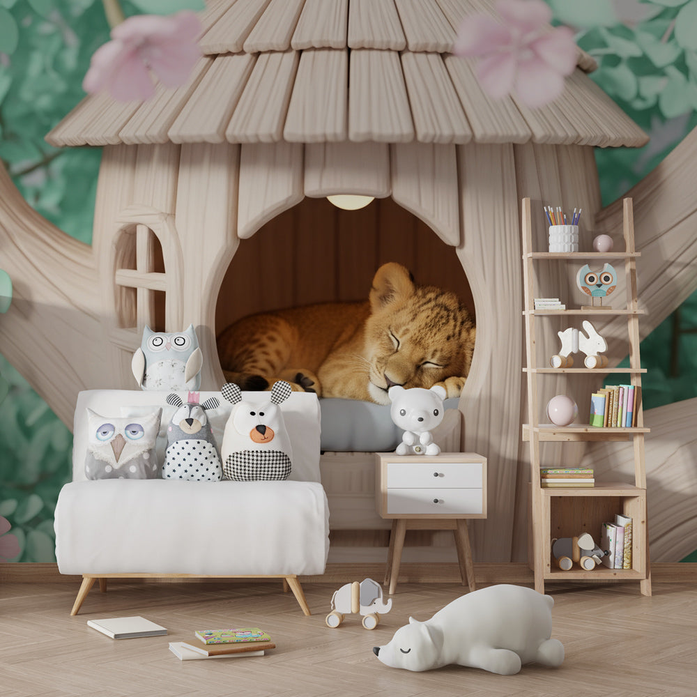 Sleeping lion cub mural wallpaper transforming modern kids bedroom with enchanted forest theme