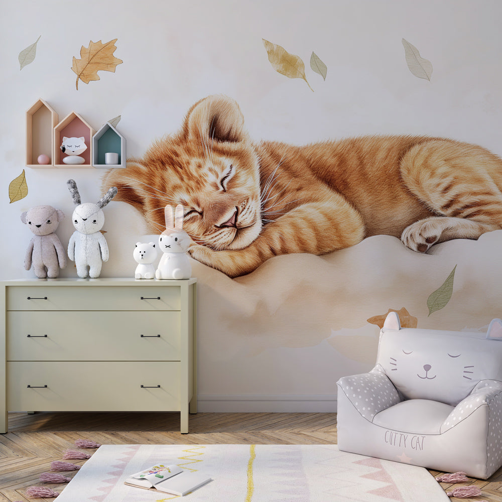 Safari lion cub wallpaper in cozy kids bedroom with natural wood furniture and soft textures