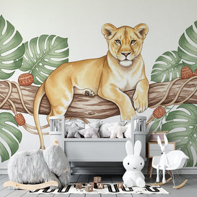 Peaceful lion cub safari wallpaper in modern kids bedroom interior design
