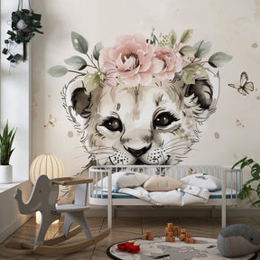 Floral lion cub wallpaper transforming children's playroom with enchanted garden theme