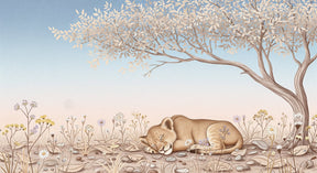 Detailed lion cub mural wallpaper design pattern showing peaceful safari scene with tree and flowers