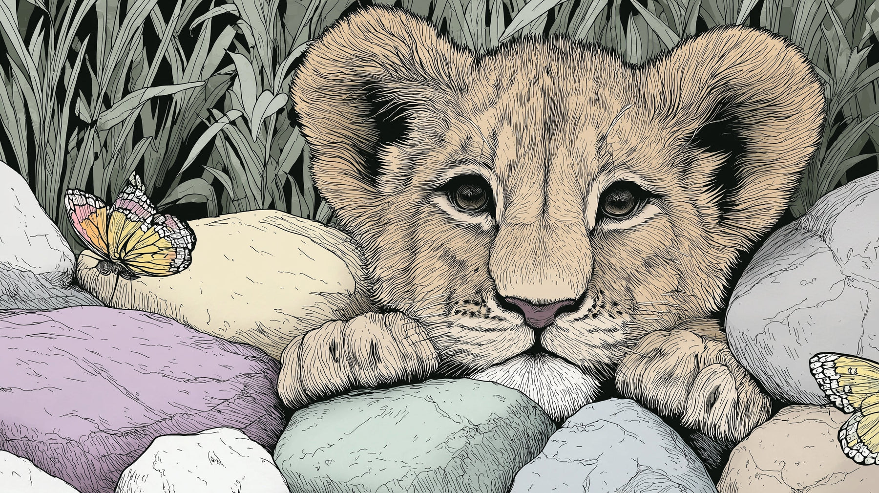 Detailed lion cub and butterflies mural wallpaper design pattern with pastel stones by Kids-Mundo