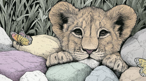 Detailed lion cub and butterflies mural wallpaper design pattern with pastel stones by Kids-Mundo