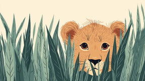 Detailed lion cub in jungle grass mural wallpaper design pattern by Kids-Mundo for children's rooms