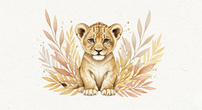 Detailed lion cub and delicate foliage mural wallpaper design pattern by Kids-Mundo