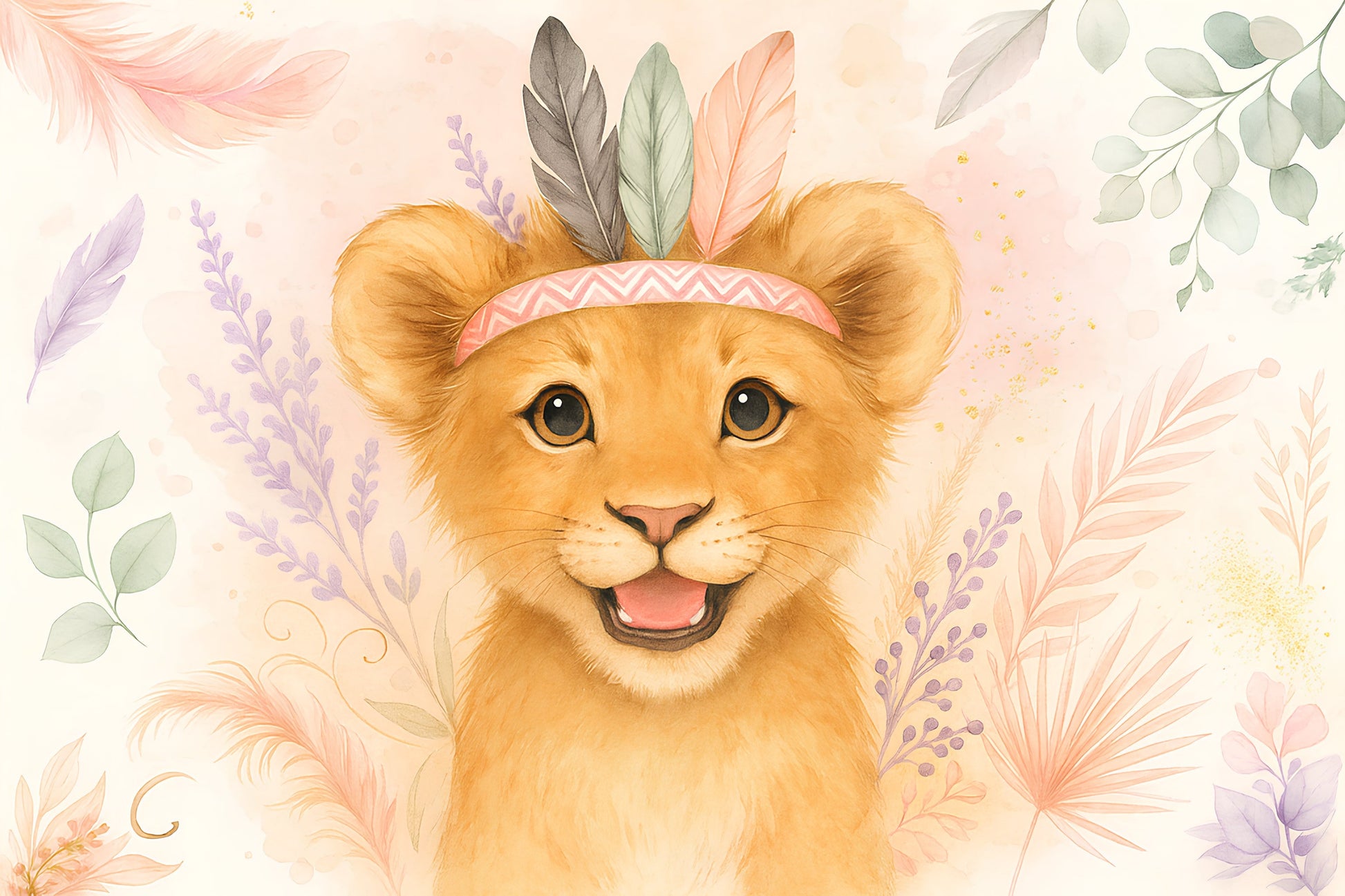 Detailed lion cub with feathered headband mural wallpaper design pattern surrounded by floral motifs by Kids-Mundo