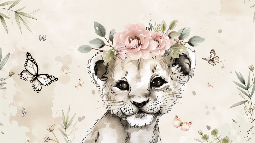 Detailed lion cub and butterfly mural wallpaper design pattern with floral elements by Kids-Mundo