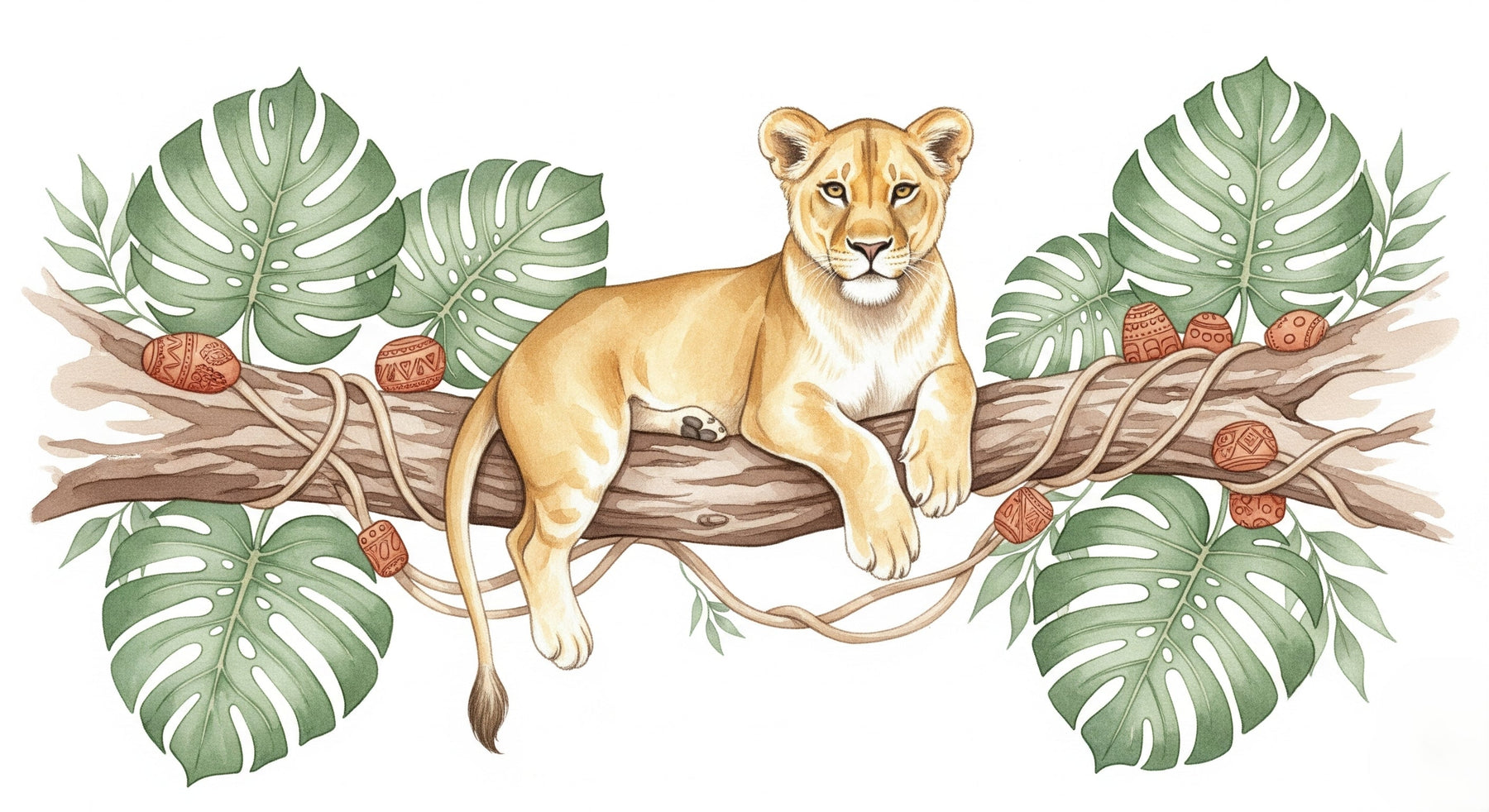 Detailed lion cub jungle mural wallpaper design pattern with tropical leaves by Kids-Mundo