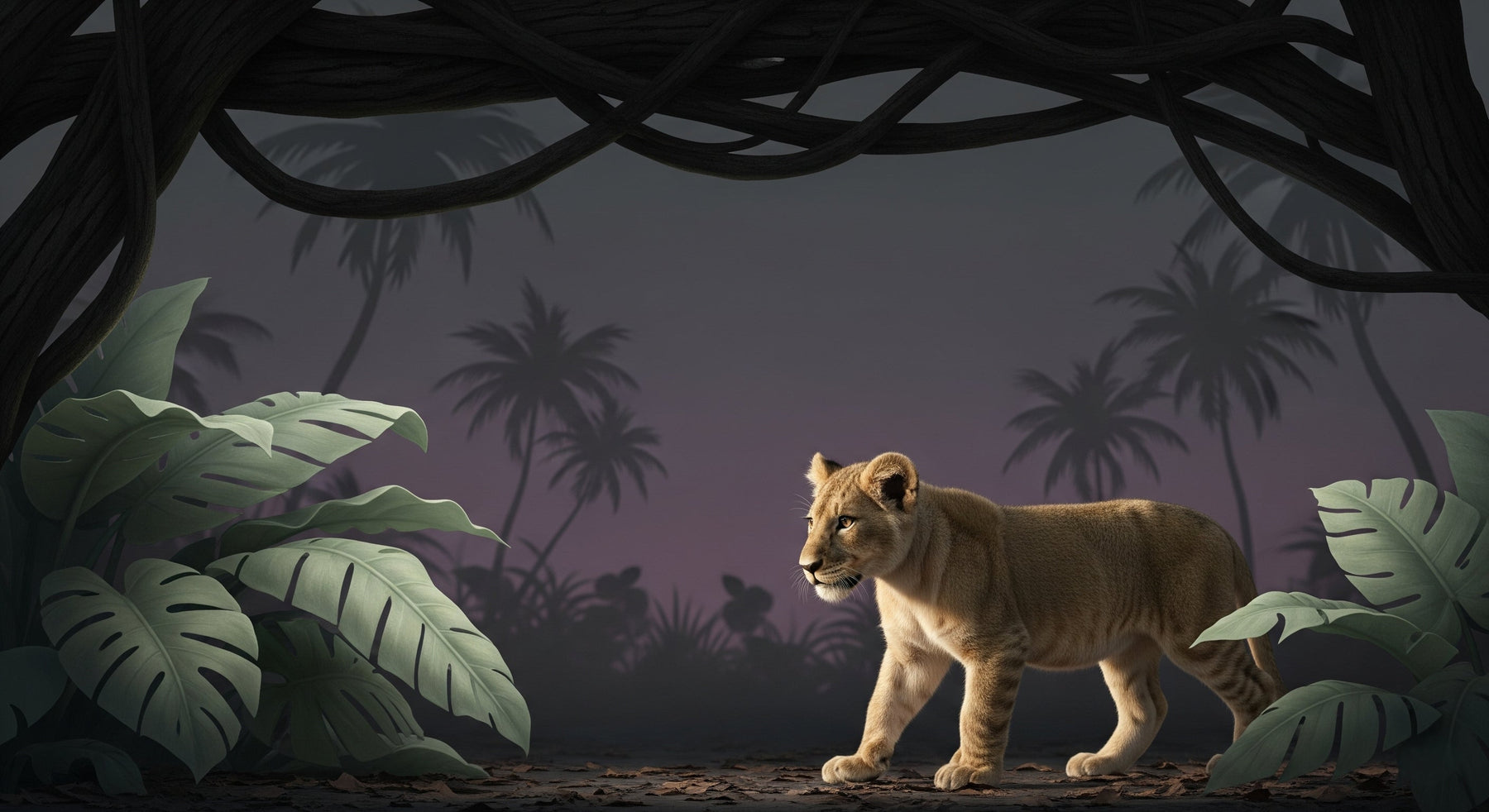 Detailed lion cub jungle mural wallpaper design pattern with tropical foliage by Kids-Mundo