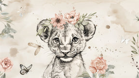 Detailed lion cub and butterfly floral mural wallpaper design pattern in beige tones by Kids-Mundo