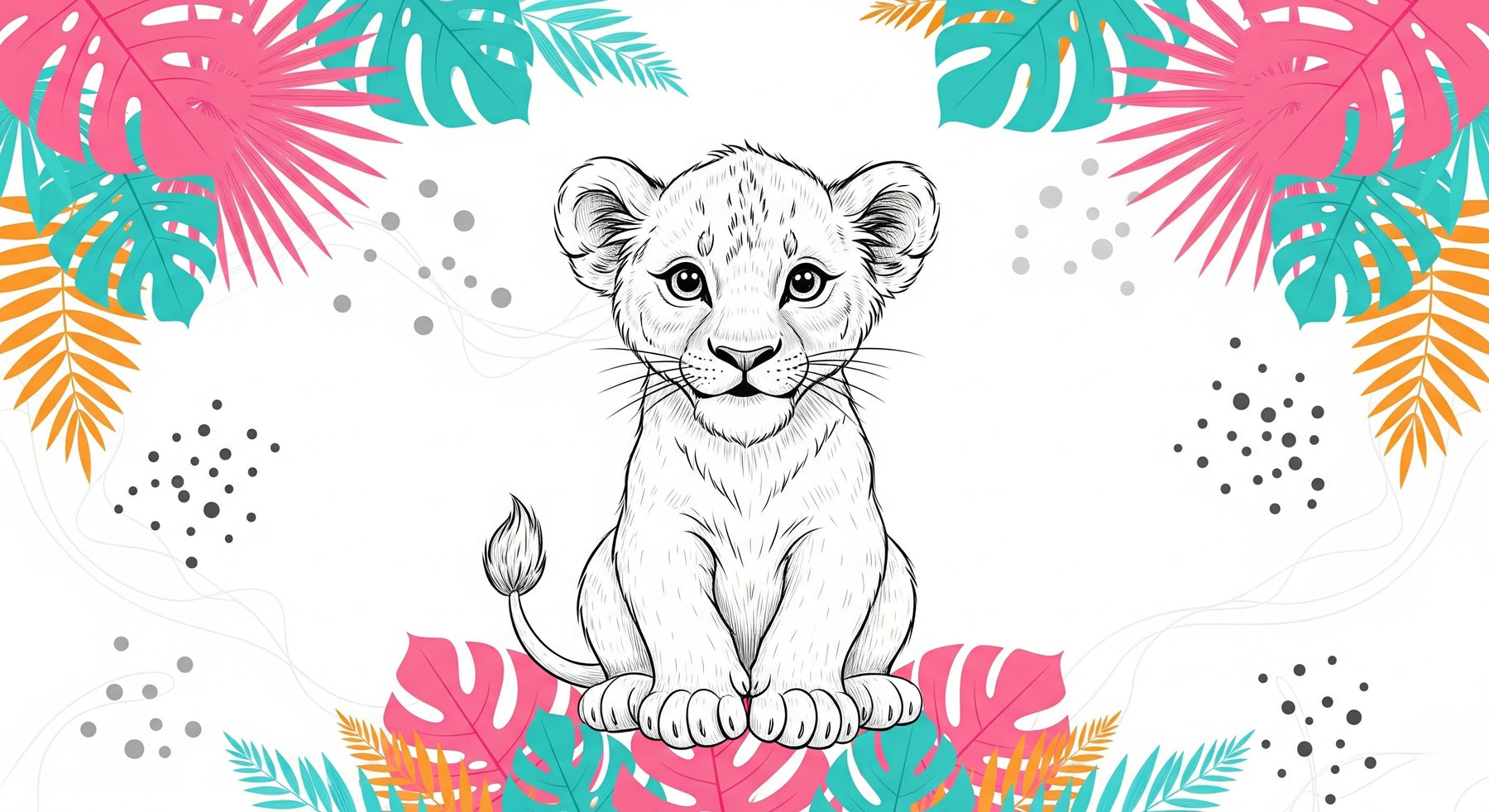 Detailed lion cub with tropical foliage mural wallpaper design pattern by Kids-Mundo