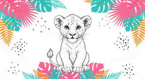 Detailed lion cub with tropical foliage mural wallpaper design pattern by Kids-Mundo
