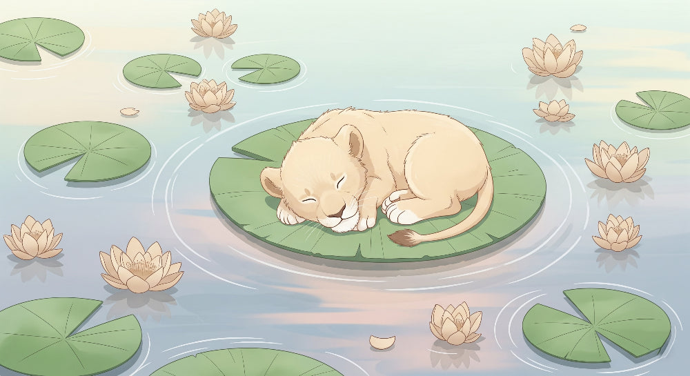 Detailed lion cub on lily pad mural wallpaper design pattern with lotus flowers by Kids-Mundo