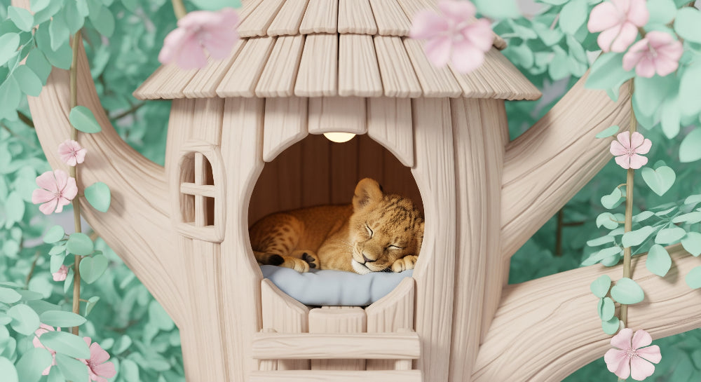 Detailed lion cub treehouse mural wallpaper design pattern with pink flowers and green foliage by Kids-Mundo