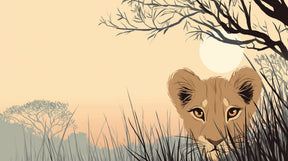 Detailed lion cub safari mural wallpaper design pattern with savanna landscape by Kids-Mundo