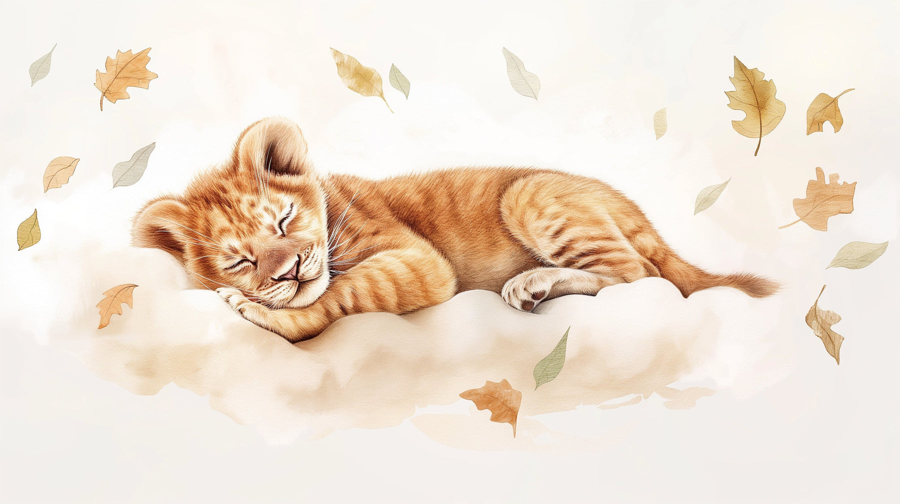 Detailed sleeping lion cub with falling leaves mural wallpaper design pattern by Kids-Mundo