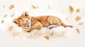 Detailed sleeping lion cub with falling leaves mural wallpaper design pattern by Kids-Mundo