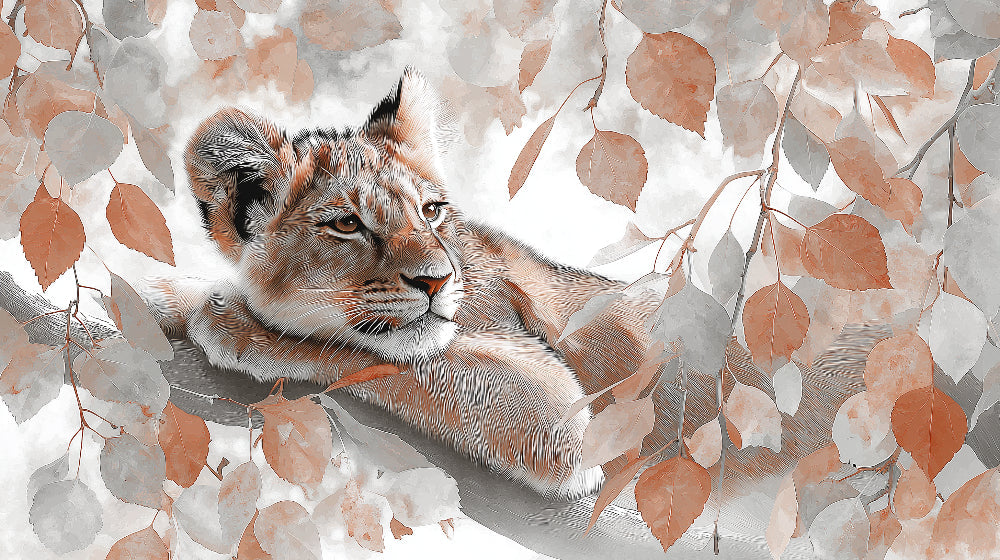 Detailed watercolor lion cub mural wallpaper design pattern with delicate leaves by Kids-Mundo