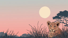 Detailed lion cub sunset mural wallpaper design pattern showing safari landscape by Kids-Mundo