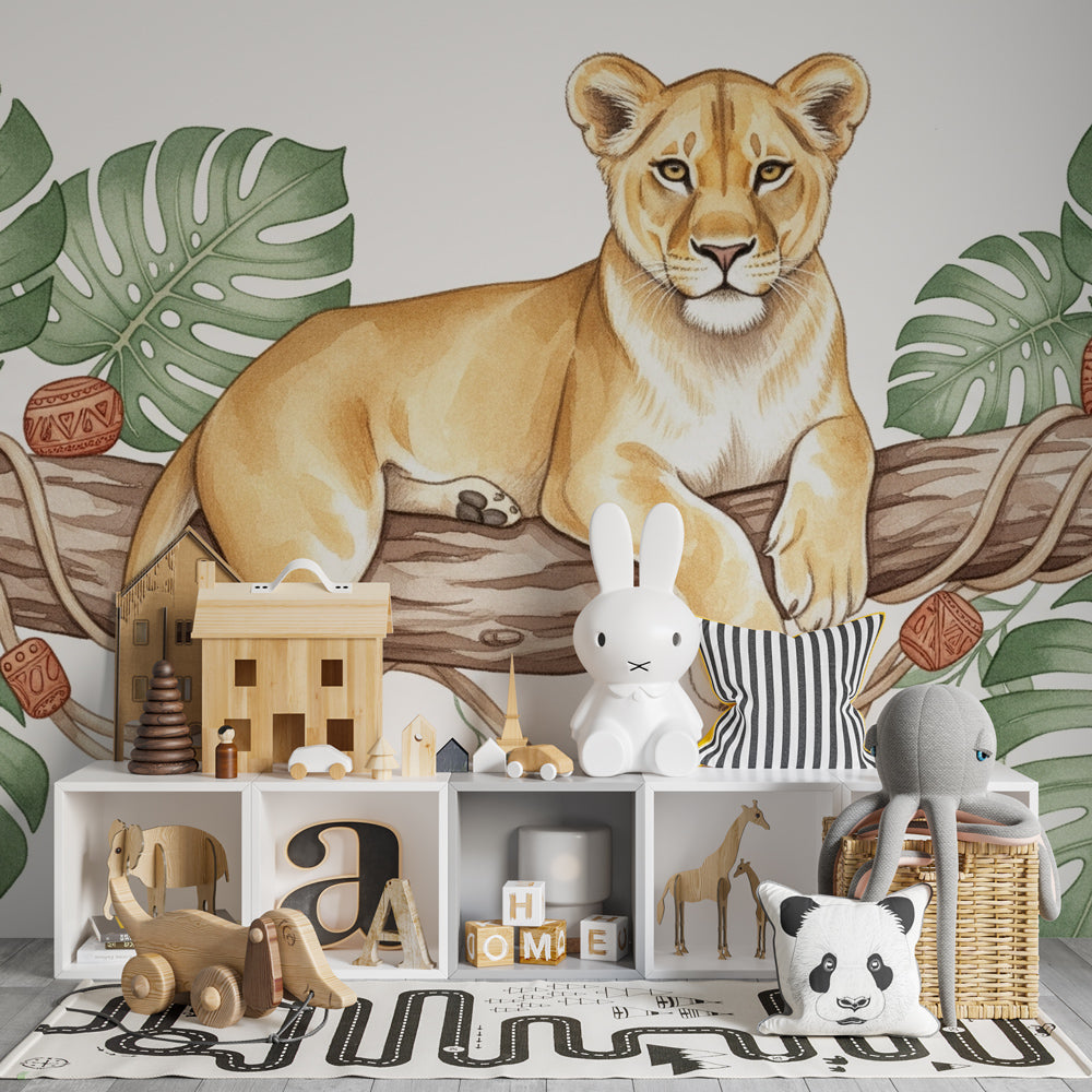 Safari animal mural wallpaper with lion cub and tropical foliage for children's room