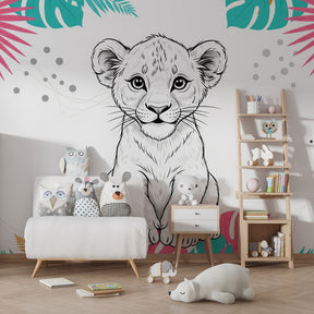 Colorful lion cub mural wallpaper with tropical foliage in modern children's bedroom