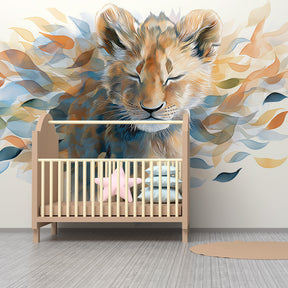 Colorful lion cub wallpaper transforming children's bedroom with nature-inspired design by Kids-Mundo