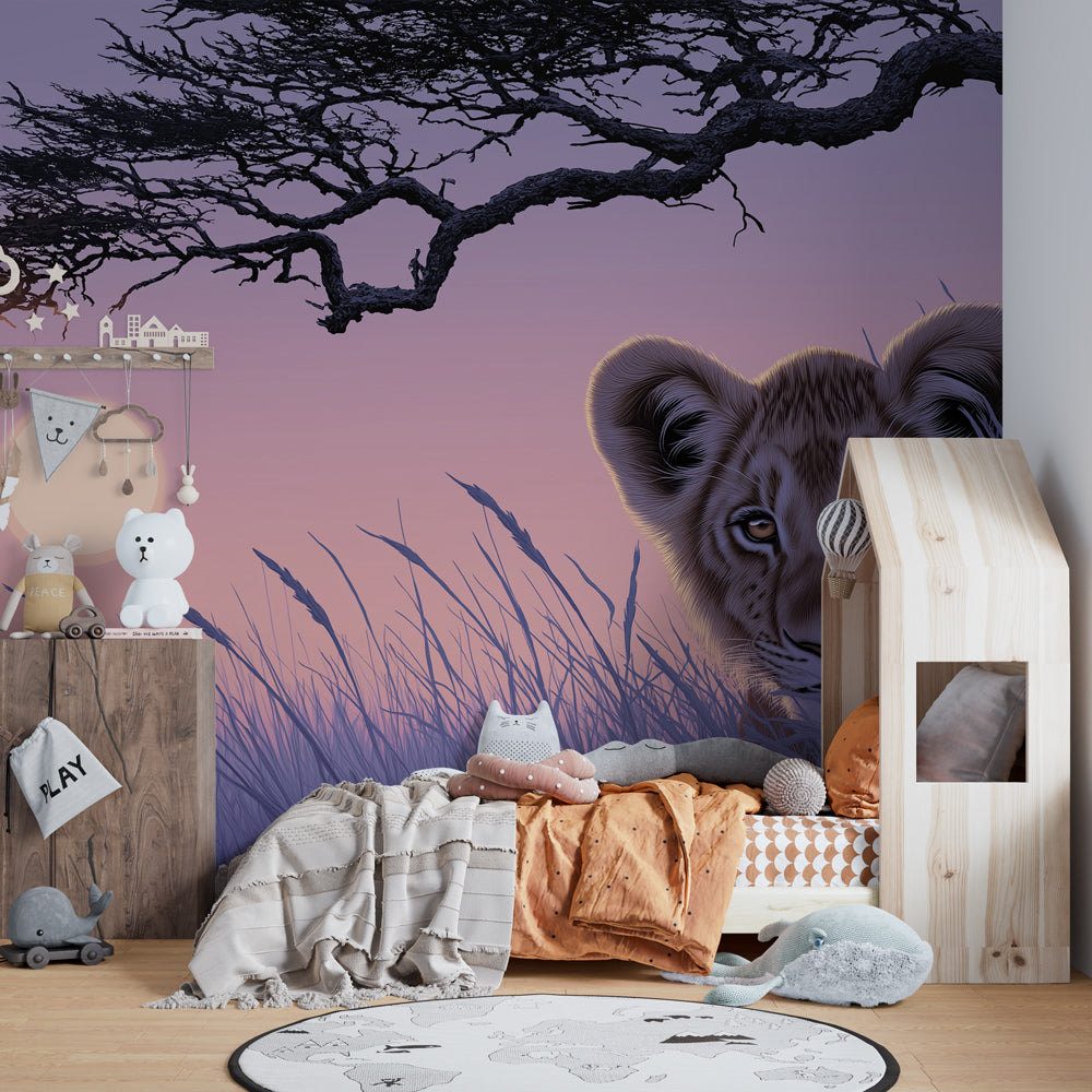 African safari wallpaper with lion cub transforming children's bedroom into adventure space