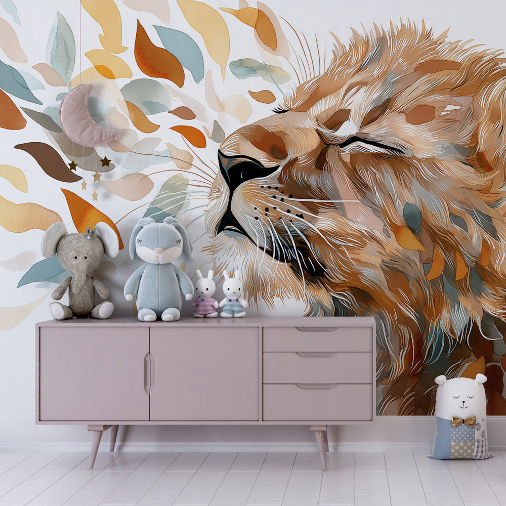 Adorable lion cub mural wallpaper with botanical elements for modern kids room by Kids-Mundo