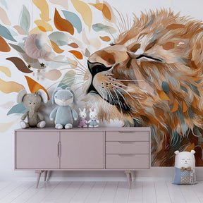 Adorable lion cub mural wallpaper with botanical elements for modern kids room by Kids-Mundo