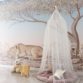 Peaceful lion cub mural wallpaper with pastel sky creating calming kids room environment by Kids-Mundo