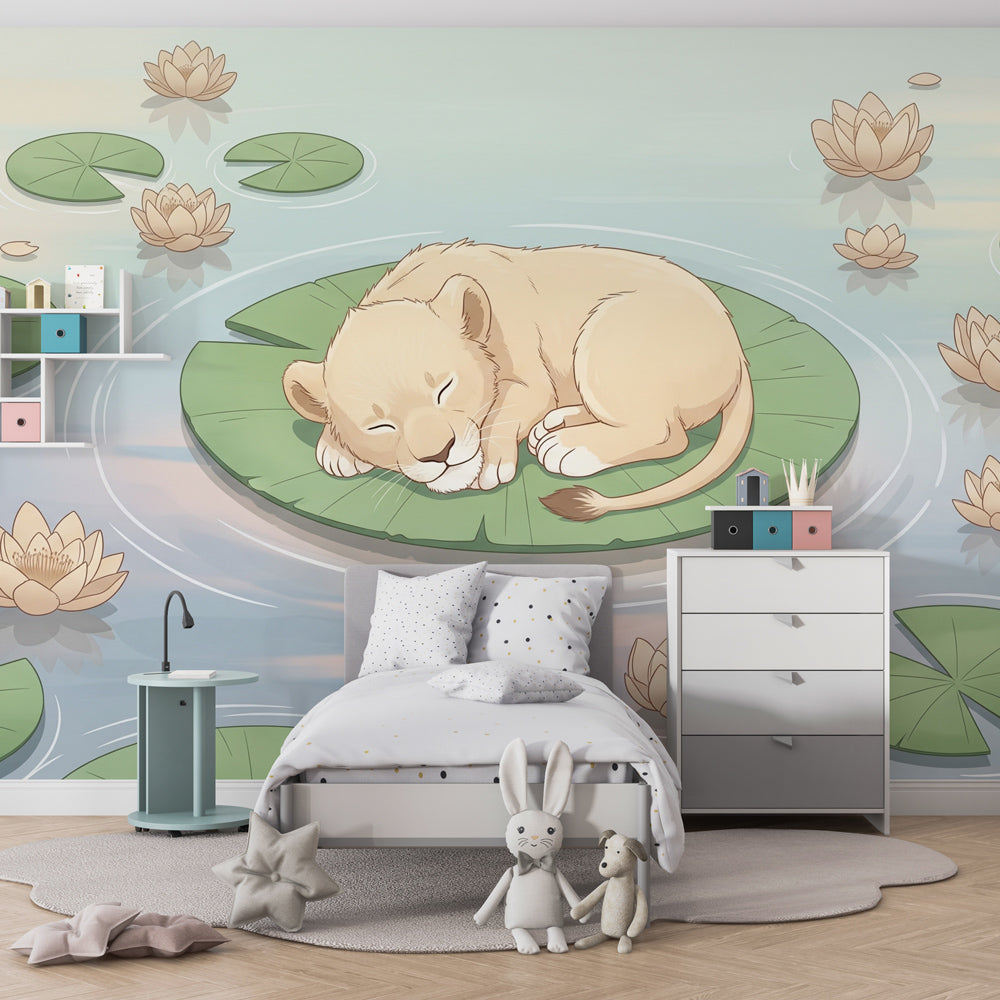 Peaceful water lily wallpaper with sleeping lion cub transforming modern kids room decor
