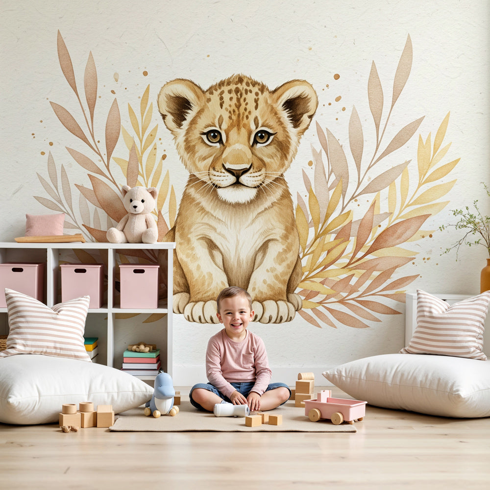 Lion cub mural wallpaper creating cozy nursery atmosphere with natural wood furniture by Kids-Mundo
