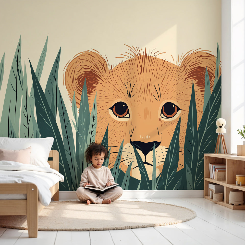 Lion cub jungle mural wallpaper decorating modern nursery with natural wood furniture by Kids-Mundo