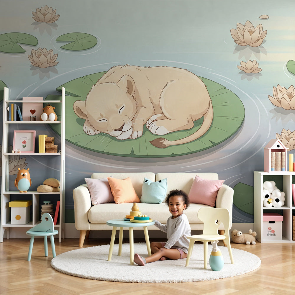 Lion cub water lily mural wallpaper in peaceful nursery with natural wood crib by Kids-Mundo