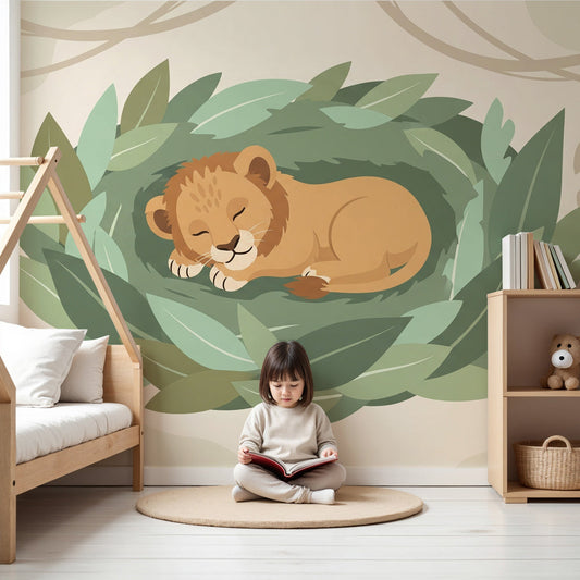 Lion cub mural wallpaper creating peaceful safari nursery with wooden crib by Kids-Mundo