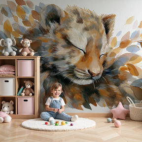 Lion cub mural wallpaper creating peaceful safari nursery decor by Kids-Mundo