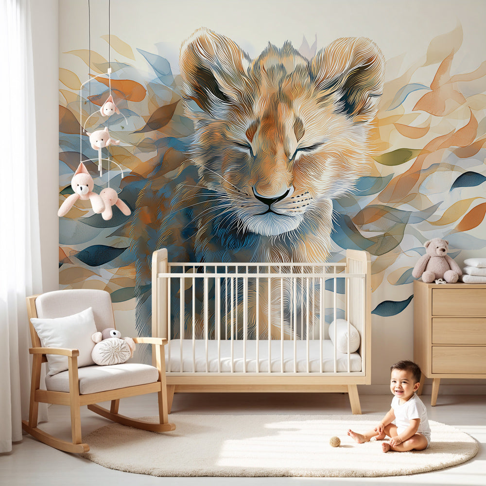 Lion cub mural wallpaper creating safari-themed nursery decor with soft botanical elements by Kids-Mundo