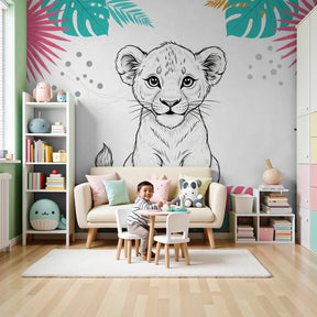 Lion cub tropical mural wallpaper creating safari-themed nursery decor by Kids-Mundo