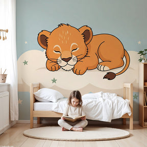 Sleeping lion cub on cloud mural wallpaper in modern nursery room by Kids-Mundo